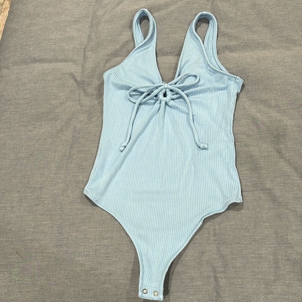 Blue bodysuit with tie front